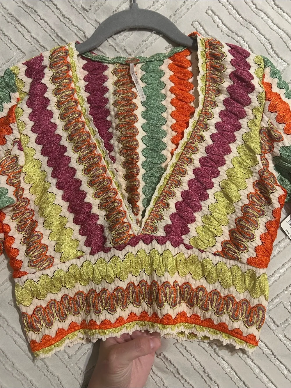 Free People Crochet V-Neck Multicolor Women's Top - Pink, Orange & Green